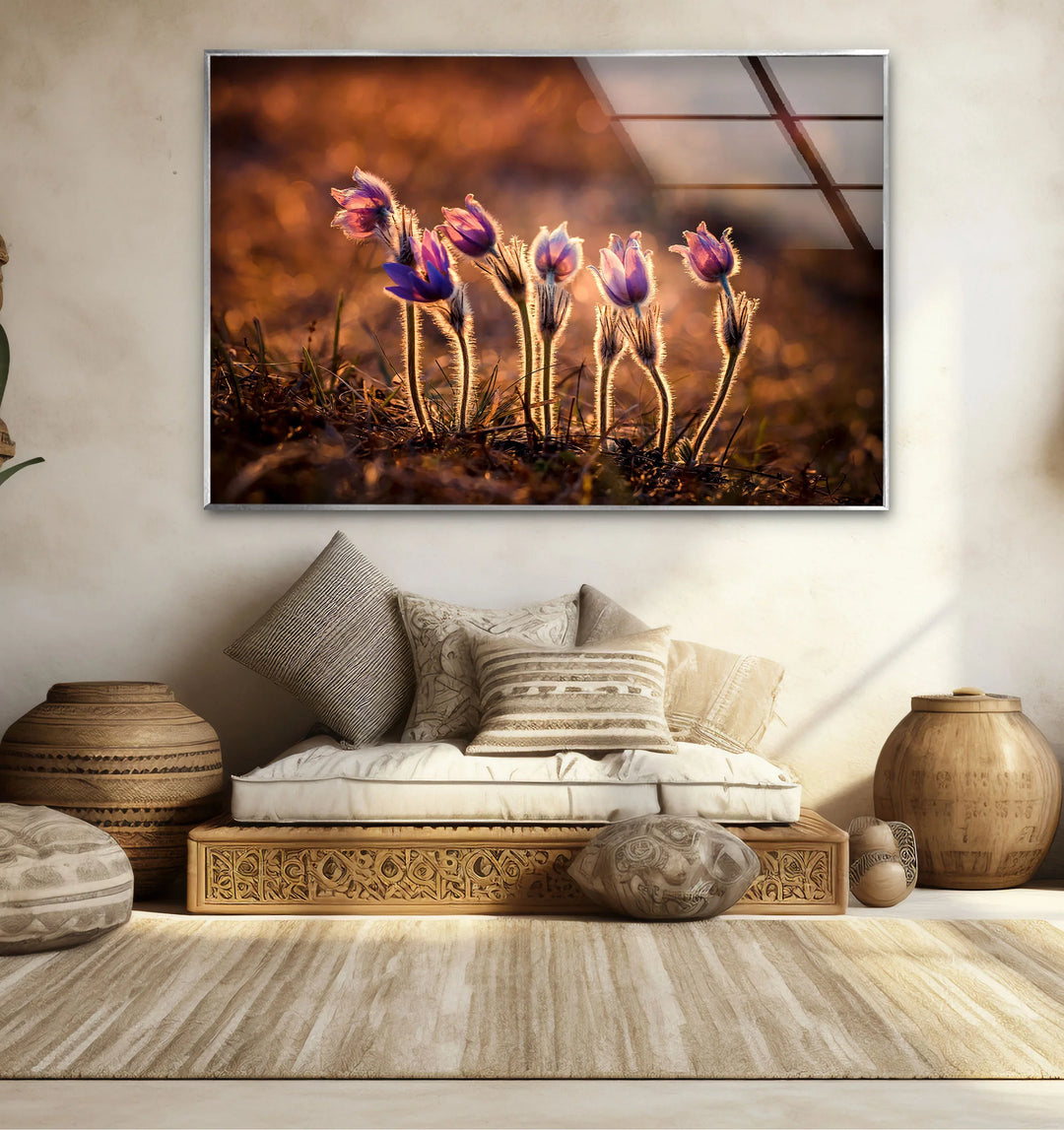 Sunlit Wildflower Wall Art – Purple Spring Bloom Glass Print with Golden Hour Glow for Cozy, Nature-Inspired Interiors - MyPhotoStation
