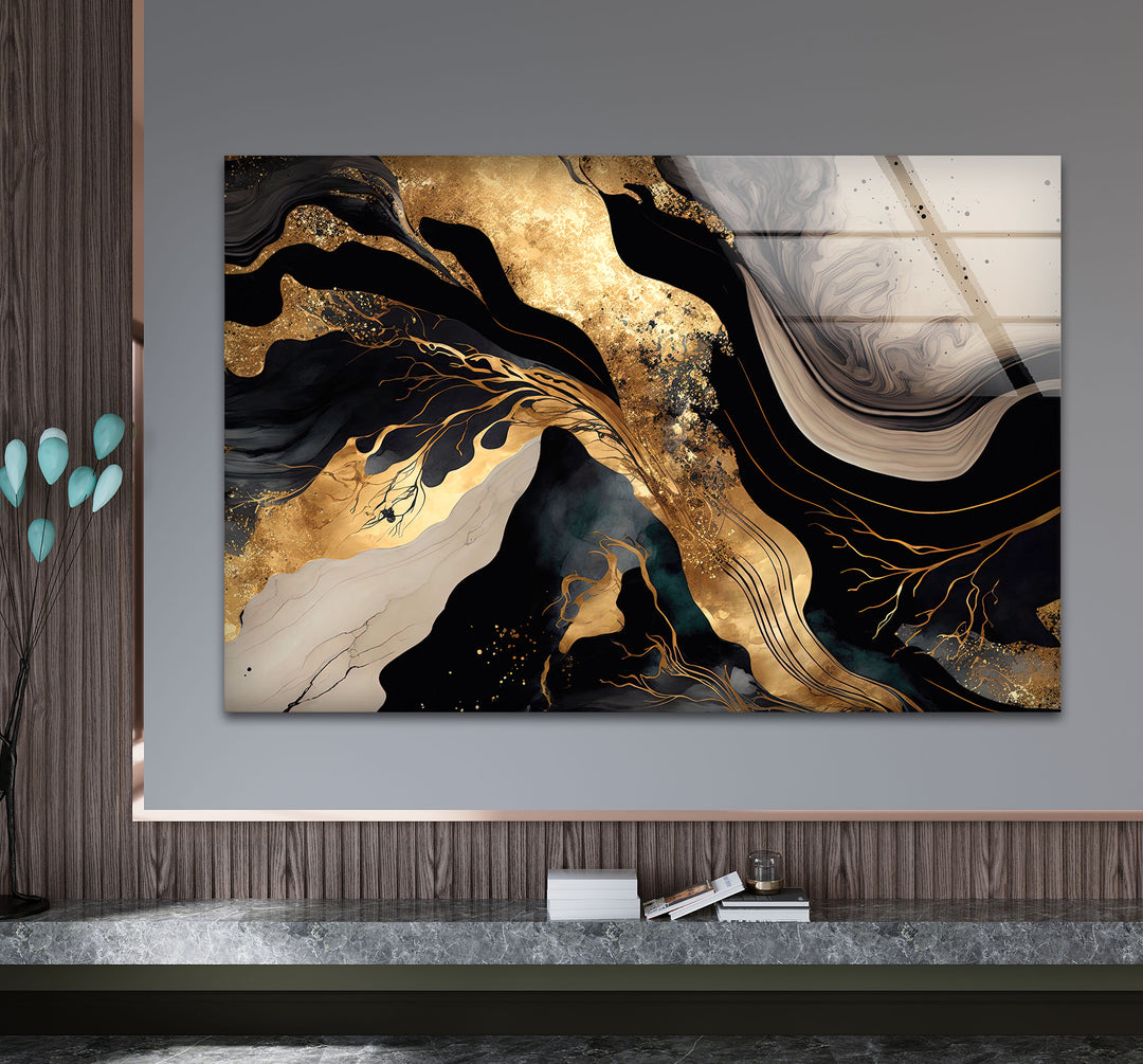 Black & Gold Abstract Glass Wall Art – Luxury Modern Fluid Design