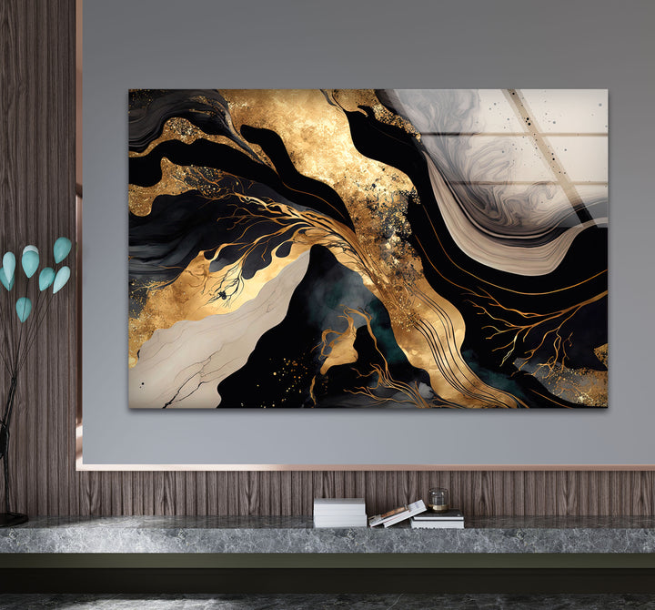 Black & Gold Abstract Glass Wall Art – Luxury Modern Fluid Design