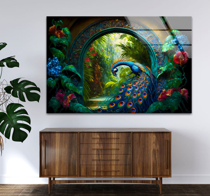 Majestic Peacock Garden Glass Wall Art – Elegant Nature-Inspired Decor