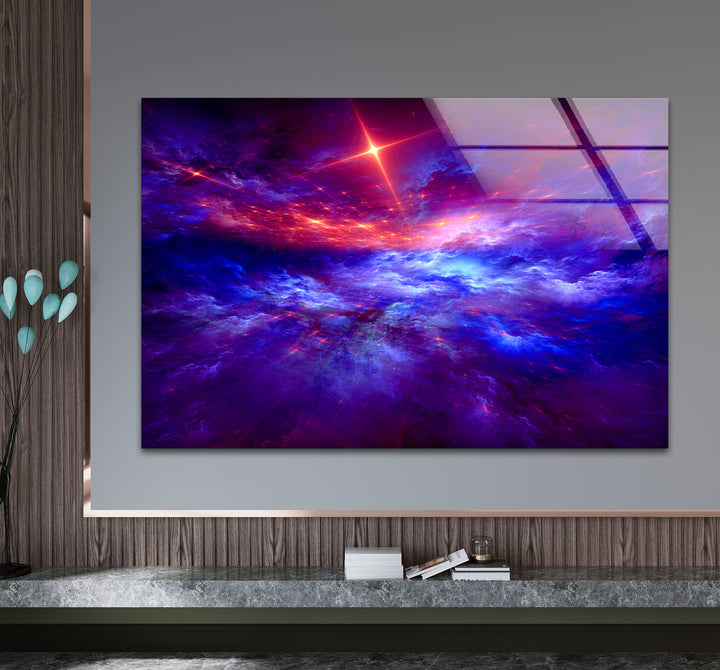 Purple Galaxy Cloud Wall Art – Vibrant Cosmic Sky Glass Print Décor