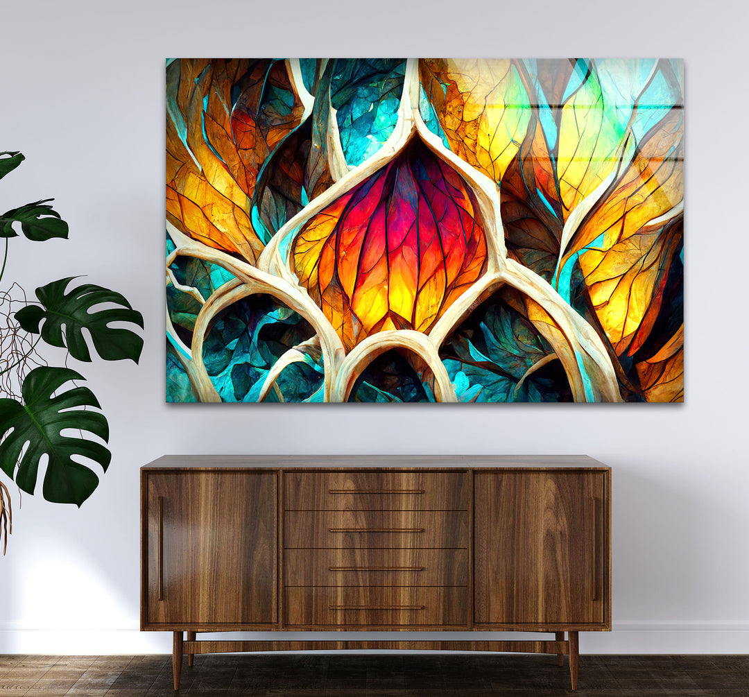 Von der Natur inspirierte Buntglas-Wandkunst – Abstraktes Blattdesign 