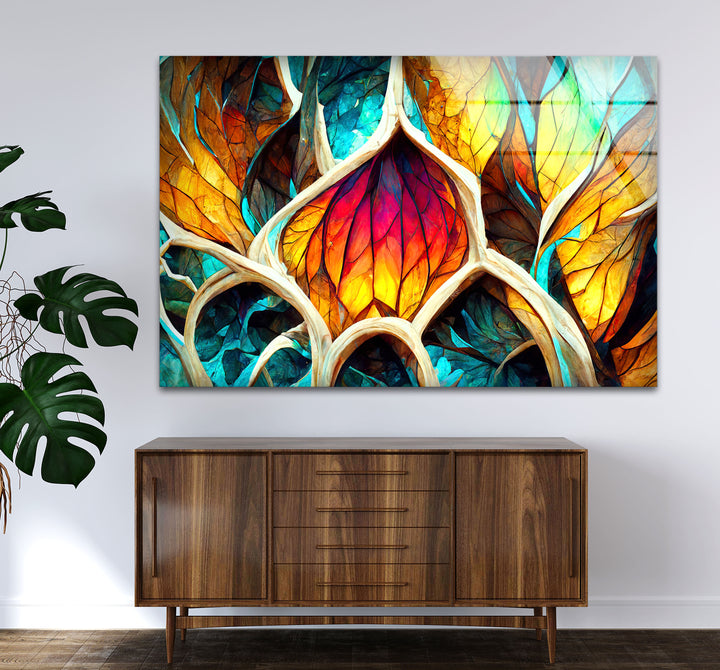 Von der Natur inspirierte Buntglas-Wandkunst – Abstraktes Blattdesign 