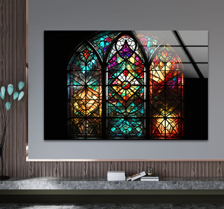 Gothic Cathedral Stained Glass Wall Art – Colorful Sacred Window Panel Decor