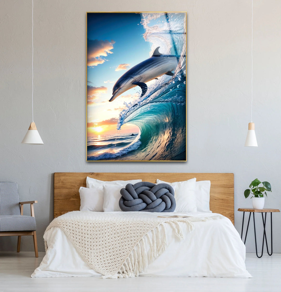 Jumping Dolphin Glass Wall Art – Ocean Wave Sunset Scene for Coastal Decor - MyPhotoStation