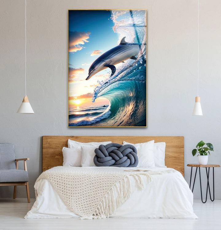 Jumping Dolphin Glass Wall Art – Ocean Wave Sunset Scene for Coastal Decor - MyPhotoStation