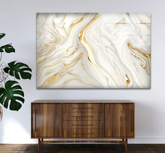 Geometric golden lines create an abstract swirling pattern on this elegant white hanging wall art.