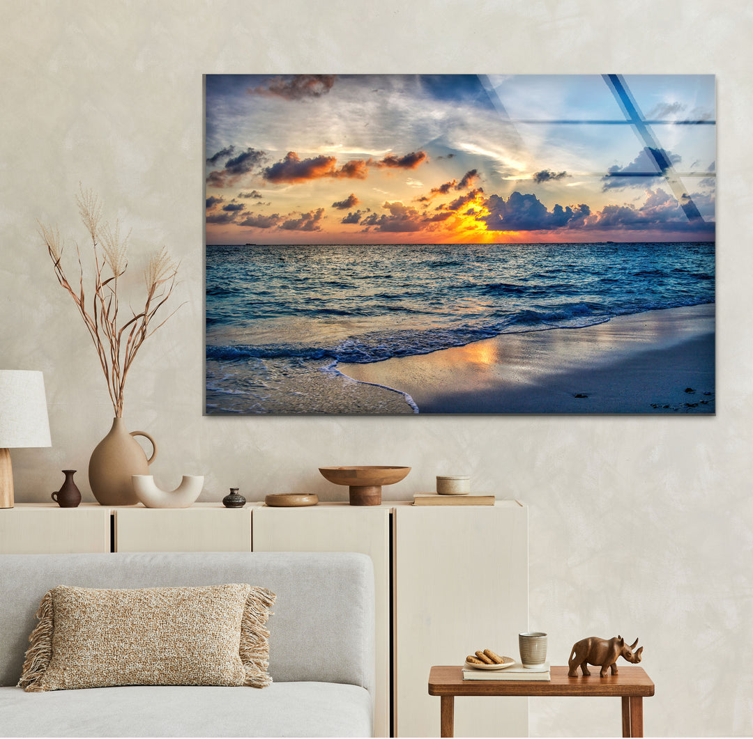Tropical Ocean Sunset Wall Art – Serene Beach Glass Print for Tranquil and Coastal Interiors