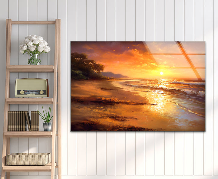 Golden Beach Sunset Wall Art – Tranquil Ocean Shoreline Print on Glass