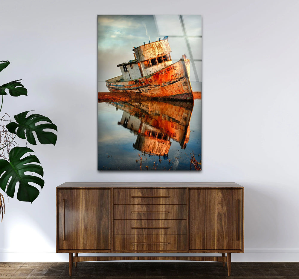 Rustic Abandoned Boat Glass Wall Art – Reflections of Time Nautical Print - MyPhotoStation