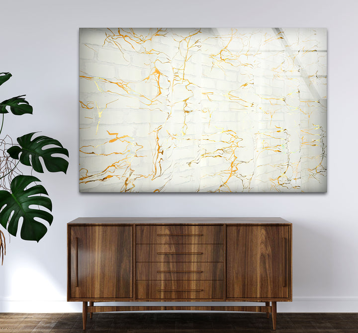 White Marble Texture Glass Wall Art with Gold Veins – Modern Minimalist Decor