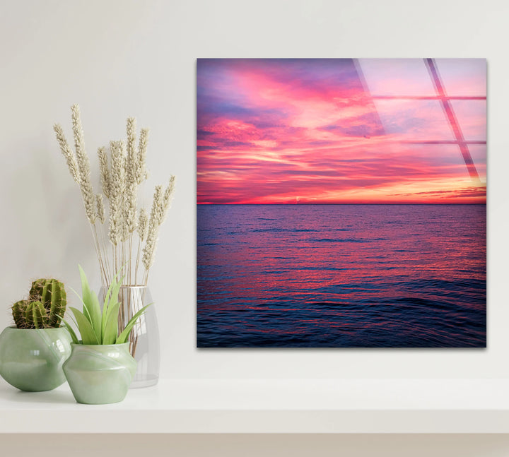 Pink Ocean Sunset Horizon – Serene Seascape Wall Art on Tempered Glass - MyPhotoStation