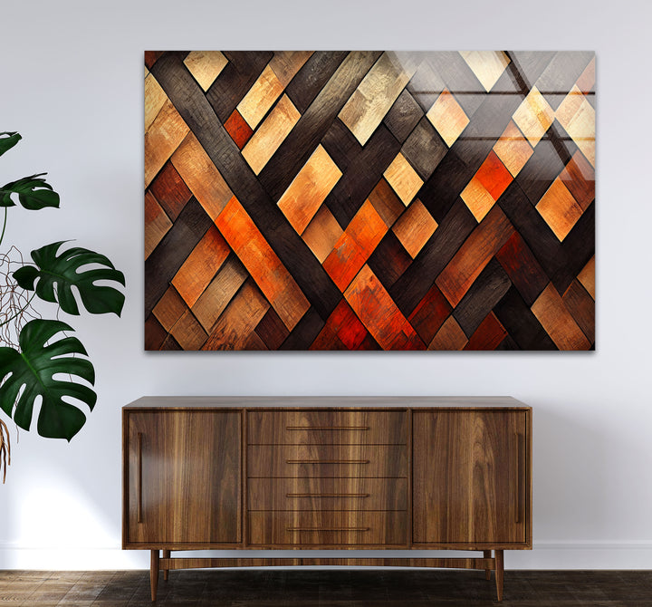 Rustic Wood Pattern Glass Wall Art – Geometric Wooden Texture Design