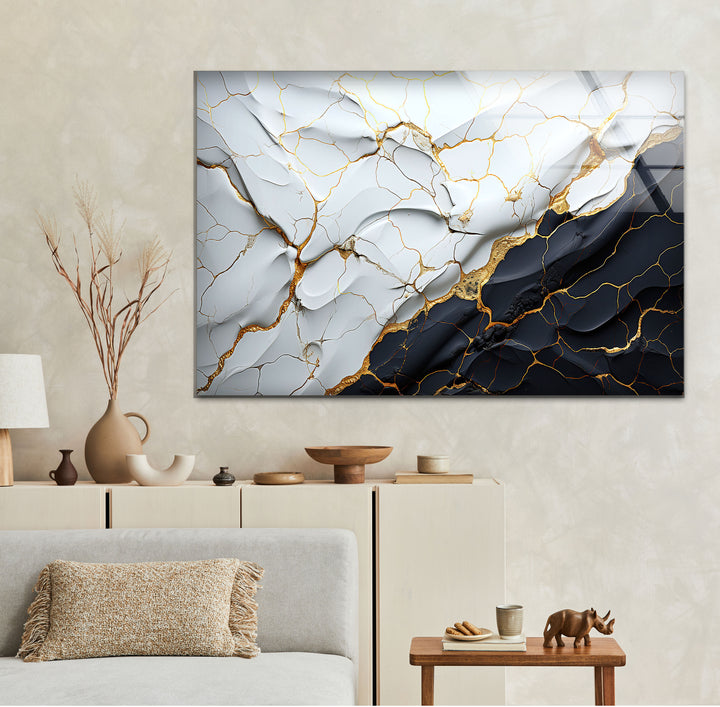Elegant Cracked Marble Wall Art – Black White Gold Abstract Glass Print