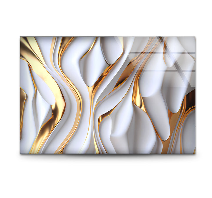 Gold White Abstract Wall Art – Luxury Fluid Texture Glass Print for Modern Interiors