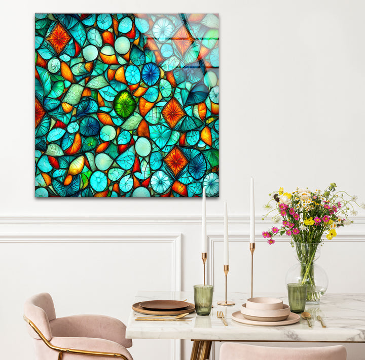 Lebendige Buntglas-Wandkunst – Abstraktes Mosaikmuster in Türkis und Orange