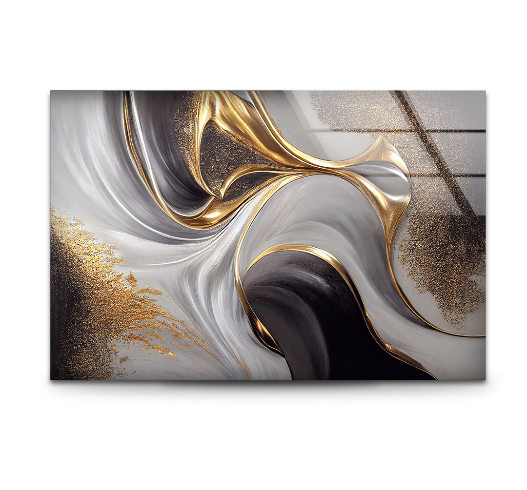Gold Black White Abstract Wall Art – Elegant Fluid Wave Glass Print for Luxury Interiors