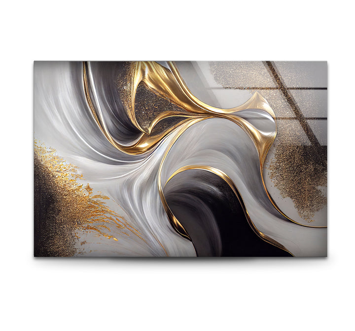 Gold Black White Abstract Wall Art – Elegant Fluid Wave Glass Print for Luxury Interiors