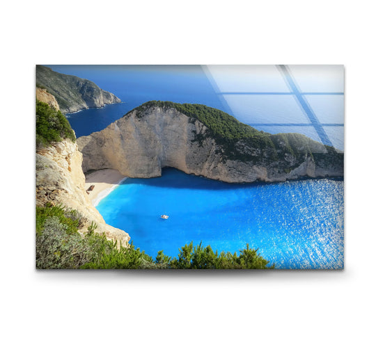 Intense color saturation enhances the turquoise waters and golden cliffs of this coastal paradise art from glass, creating a visually stunning Serenity Bay landscape.