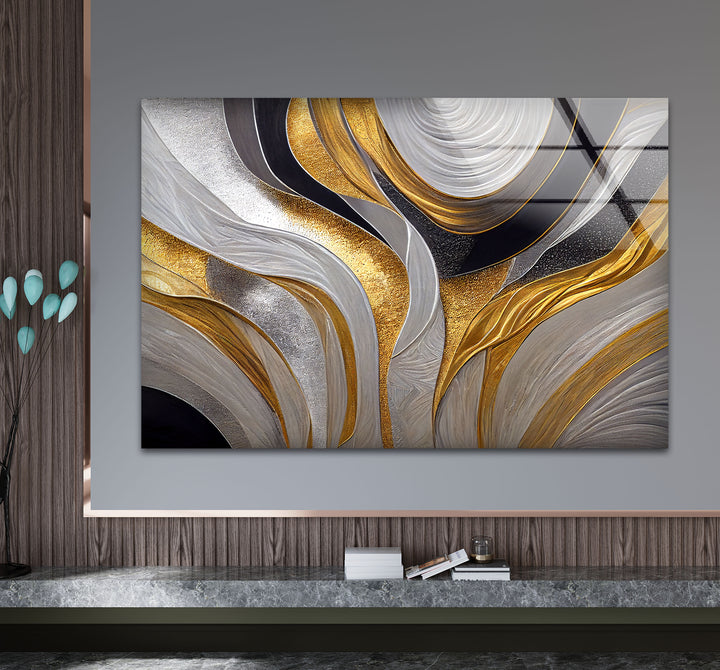 Silver Gold Wave Wall Art – Luxury Abstract Fluid Glass Print Décor
