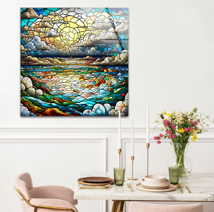 Serene Ocean Sunset Stained Glass Wall Art – Coastal Landscape Window Design