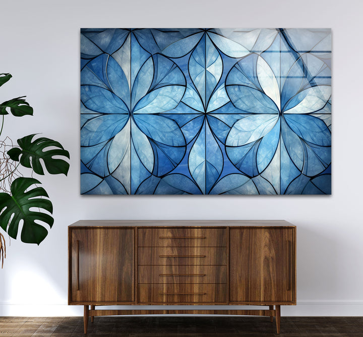 Blue Floral Geometric Wall Art – Modern Glass Panel with Elegant Petal Design
