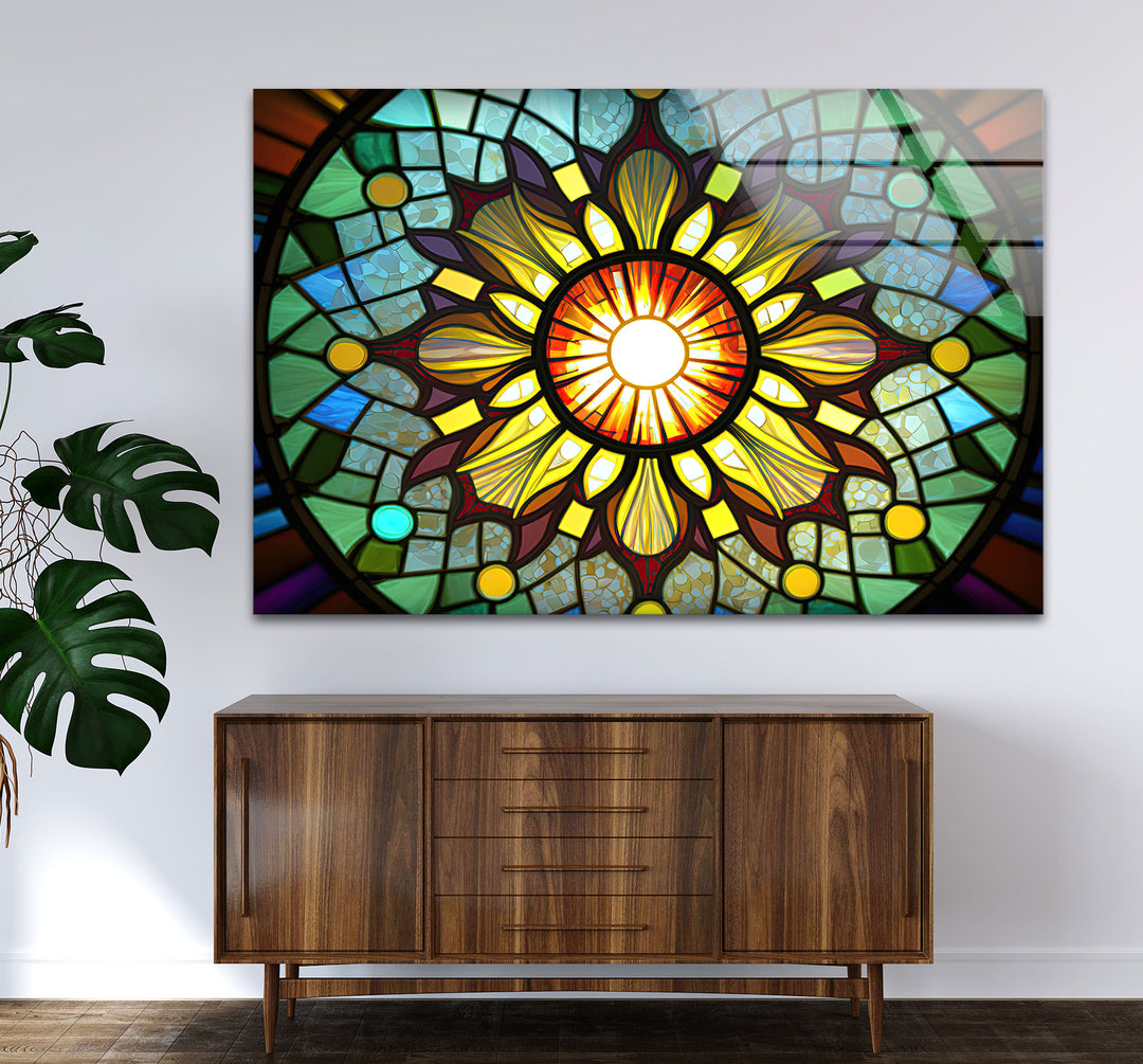 Strahlende Buntglas-Wandkunst mit Sonnenstrahlen – Buntes Mandala-Fensterpaneel 