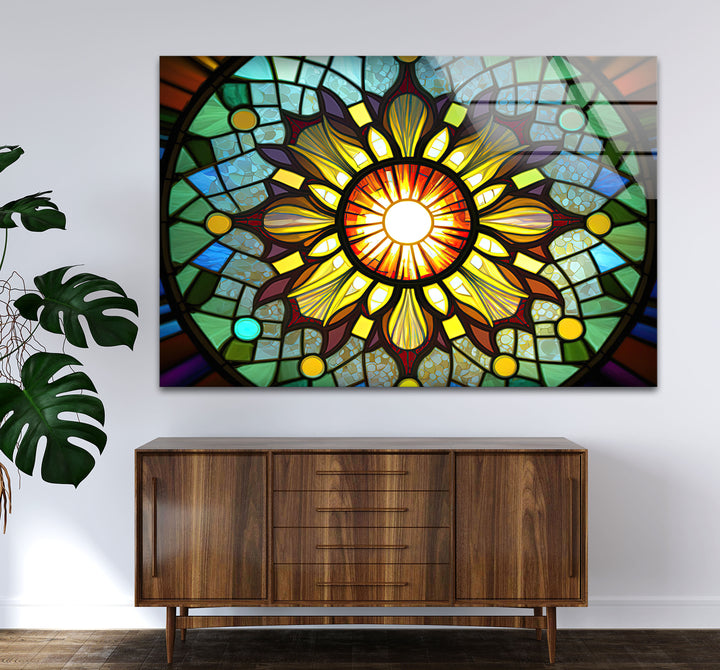 Strahlende Buntglas-Wandkunst mit Sonnenstrahlen – Buntes Mandala-Fensterpaneel 