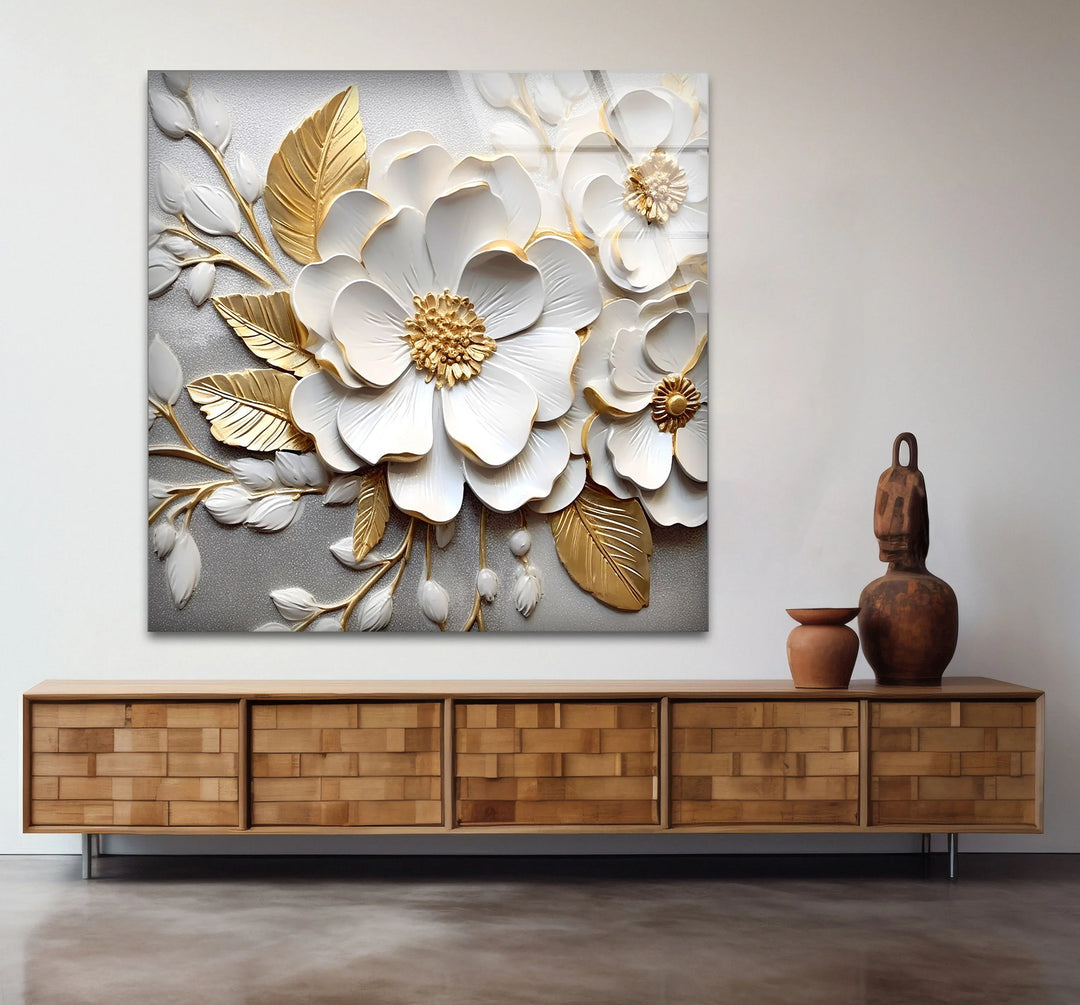 White Gold Floral Wall Art – 3D Textured Flower Print on Glass Panel - MyPhotoStation