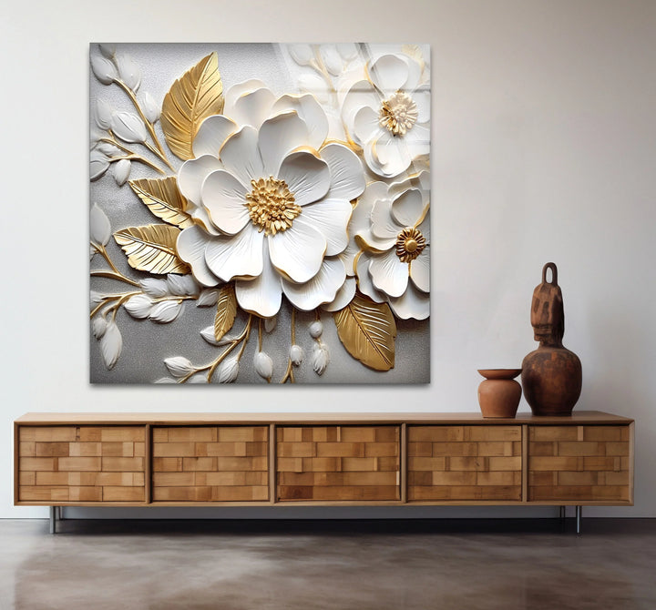 White Gold Floral Wall Art – 3D Textured Flower Print on Glass Panel - MyPhotoStation