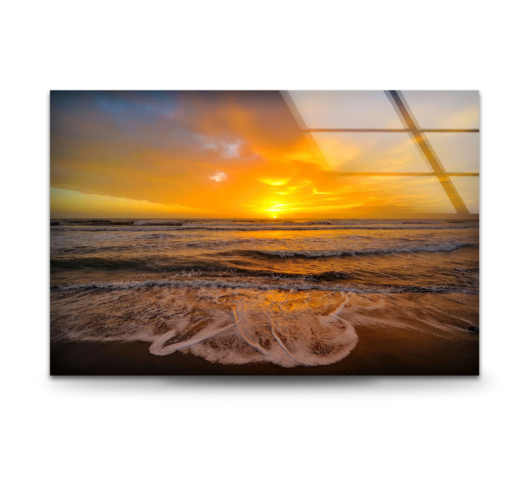 Golden Sunset Over Ocean Waves – Seashore Wall Art on Tempered Glass - MyPhotoStation