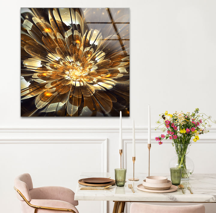 Golden Bloom Burst Wall Art – Radiant Abstract Flower Glass Print