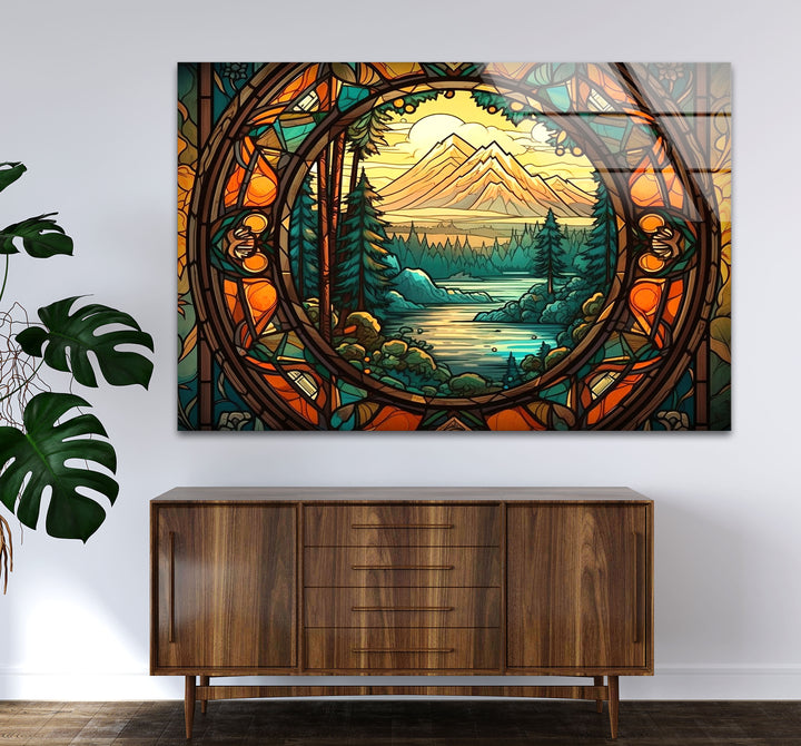 Stained Glass Mountain Landscape – Scenic Forest & River Window Panel