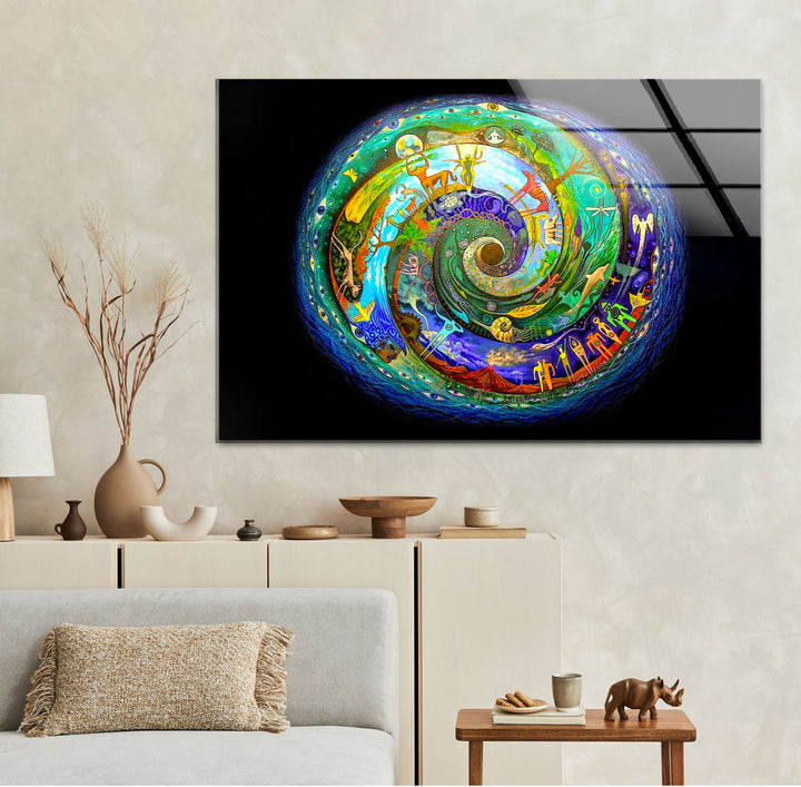 Cosmic Spiral Wall Art – Vibrant Spiritual Glass Print with Universe Symbols for Meditation & Modern Interiors