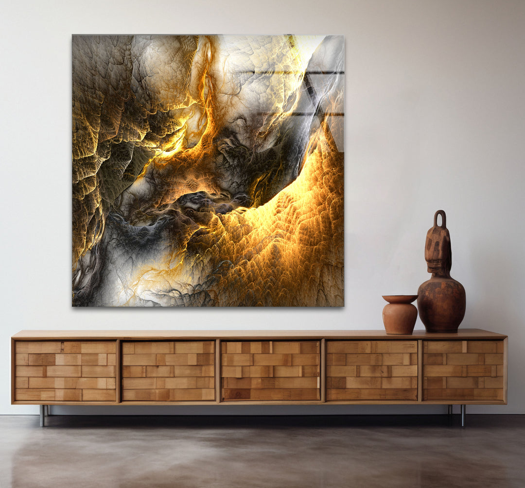 Golden Ember Cavern Wall Art – Textured Abstract Glass Print Decor