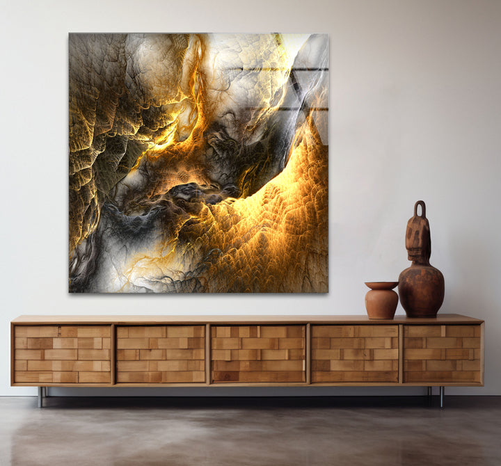 Golden Ember Cavern Wall Art – Textured Abstract Glass Print Decor