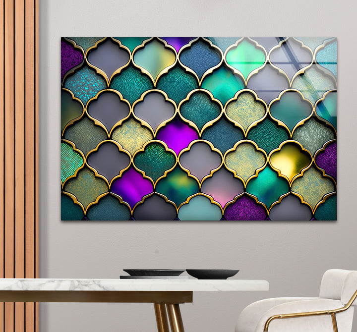 Moroccan Geometric Stained Glass Wall Art – Luxurious Gold & Teal Decor