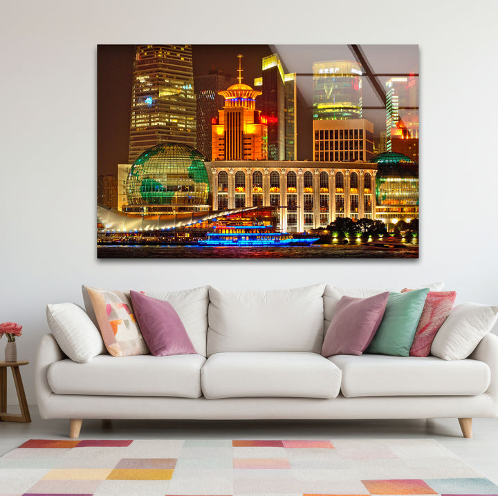 Shanghai Skyline Wall Art – Vibrant City Lights Glass Print for Modern Decor