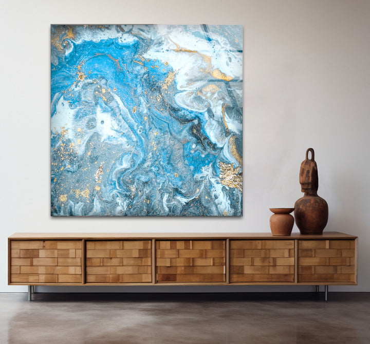 Blue Gold Ocean Marble Wall Art – Elegant Abstract Glass Print Decor