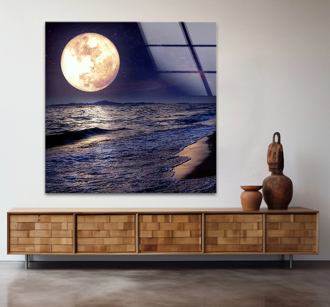 Moonlit Ocean Wall Art – Full Moon Over Waves Glass Print, Night Seascape Decor for Bedroom & Living Room - MyPhotoStation