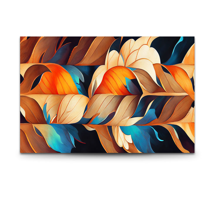 Abstract Feather Flow Glass Wall Art – Earthy Orange & Teal Nature Design