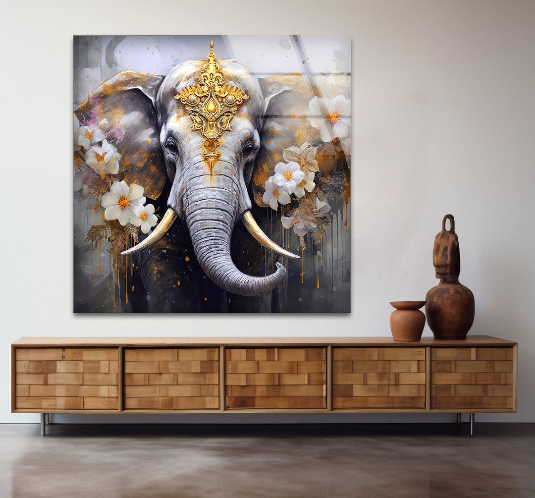 Regal Elephant Wall Art – Golden Floral Decor on Tempered Glass Panel