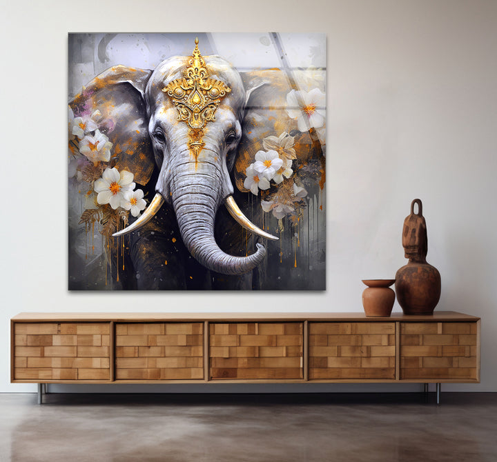 Regal Elephant Wall Art – Golden Floral Decor on Tempered Glass Panel