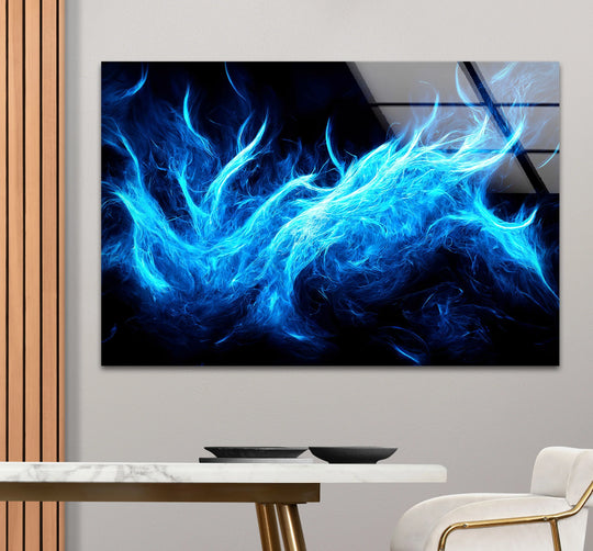 Vibrant blue flame abstract glass printing art with a glossy finish and fiery energy.