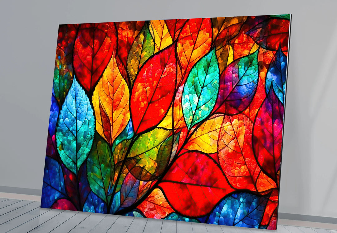 Vibrant Stained Glass Leaf Wall Art – Colorful Botanical Glass Decor - MyPhotoStation