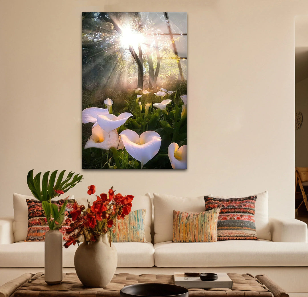 White Lily Forest Wall Art – Sunlit Flower Glass Print, Peaceful Botanical Nature Decor for Bedroom or Living Room - MyPhotoStation
