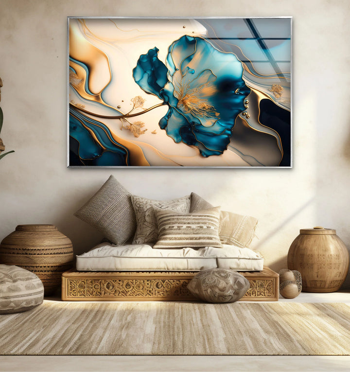Luxury Blue Gold Floral Wall Art – Elegant Glass Print for Living Room or Office - MyPhotoStation