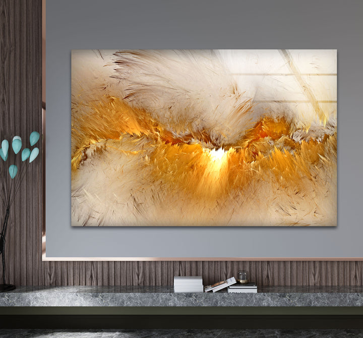 Golden Feather Storm Wall Art – Abstract Light Burst Glass Print