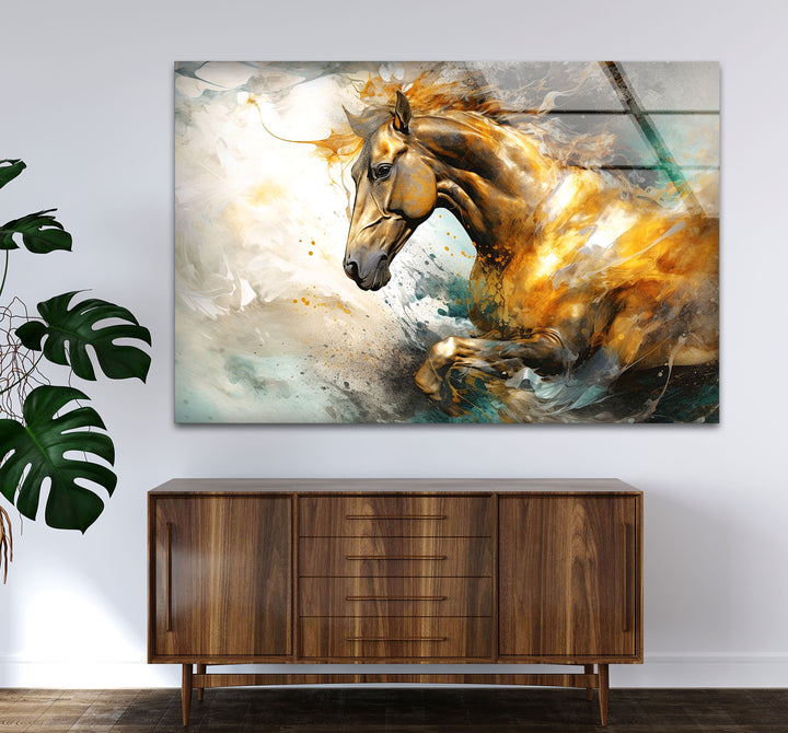 Golden Gallop Wandkunst – Majestätisches Pferd Abstraktes Glasdruckdekor
