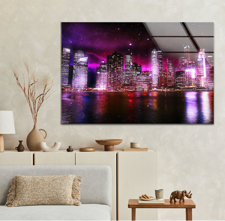Futuristic Cityscape Wall Art – Neon Skyline Glass Print with Galaxy Night View